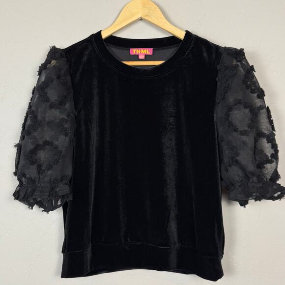 THML Women's Black Velvet Puff Sleeve Top Sheer Crewneck Size L Holiday Work - Picture 1 of 8
